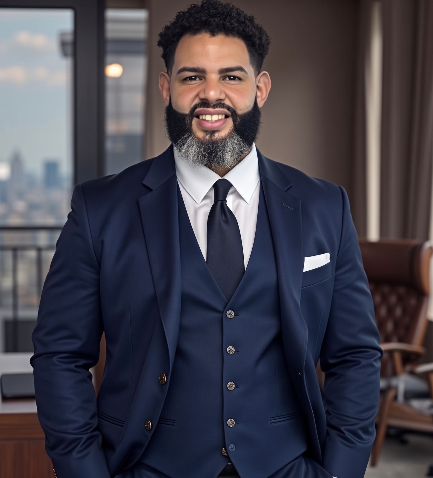 Gio, the shop’s owner and barber, in a navy three-piece suit, full beard, smiling to camera.